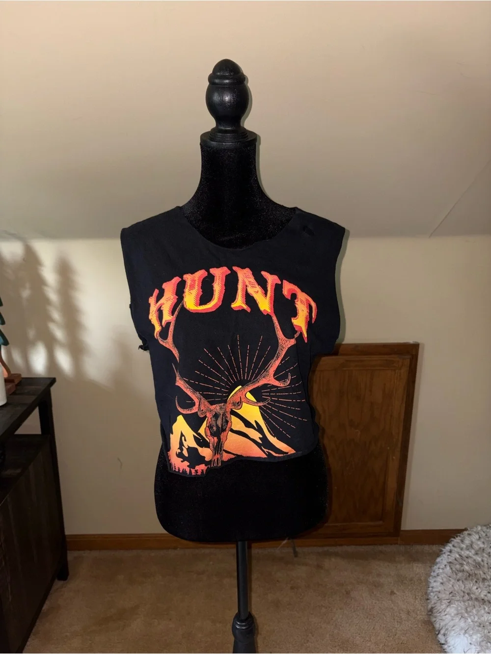 Black 'HUNT' Graphic Crop Tank with Orange-Yellow Deer Print